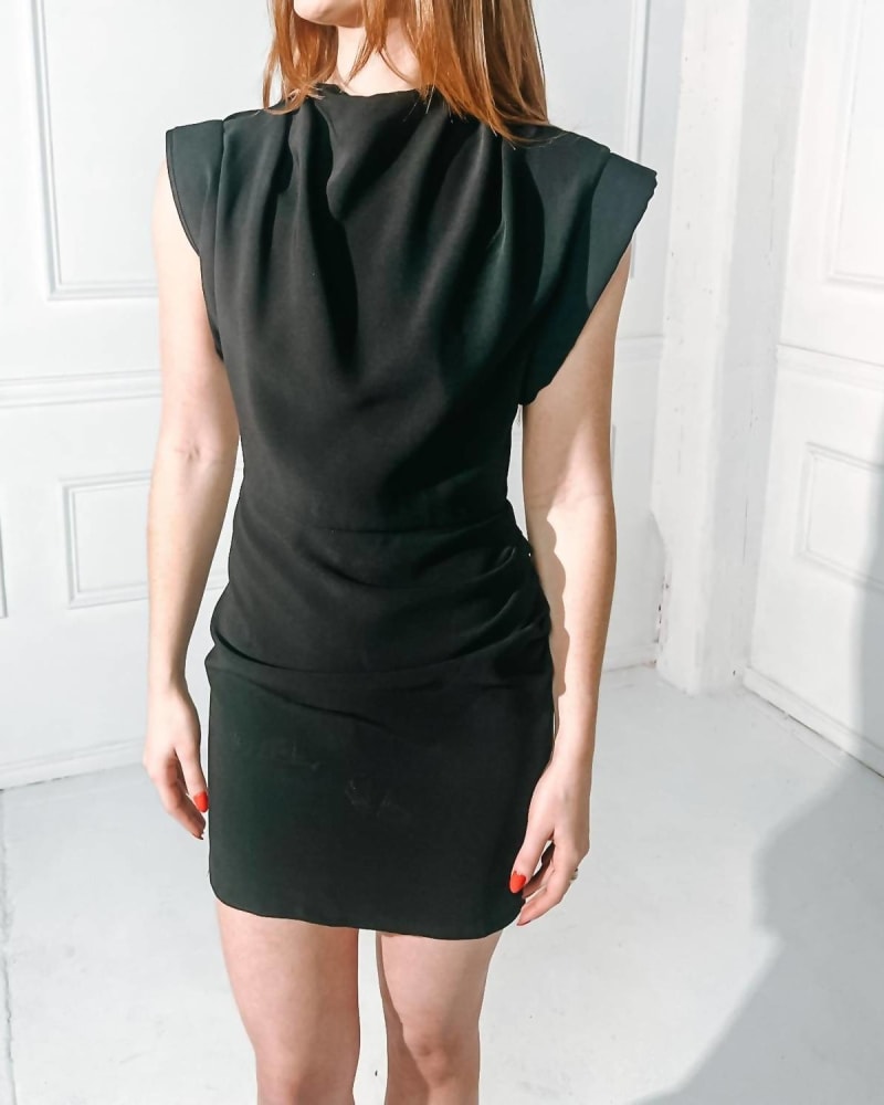 Front of a model wearing a size L Edrina Dress In Black in Black by Amanda Uprichard. | dia_product_style_image_id:350788